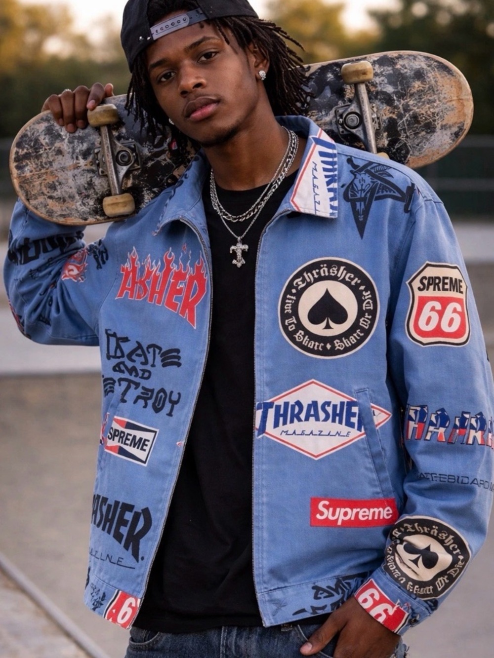 Supreme x Thrasher All Over Print Work Jacket Blue Size XL Rare Skate Streetwear